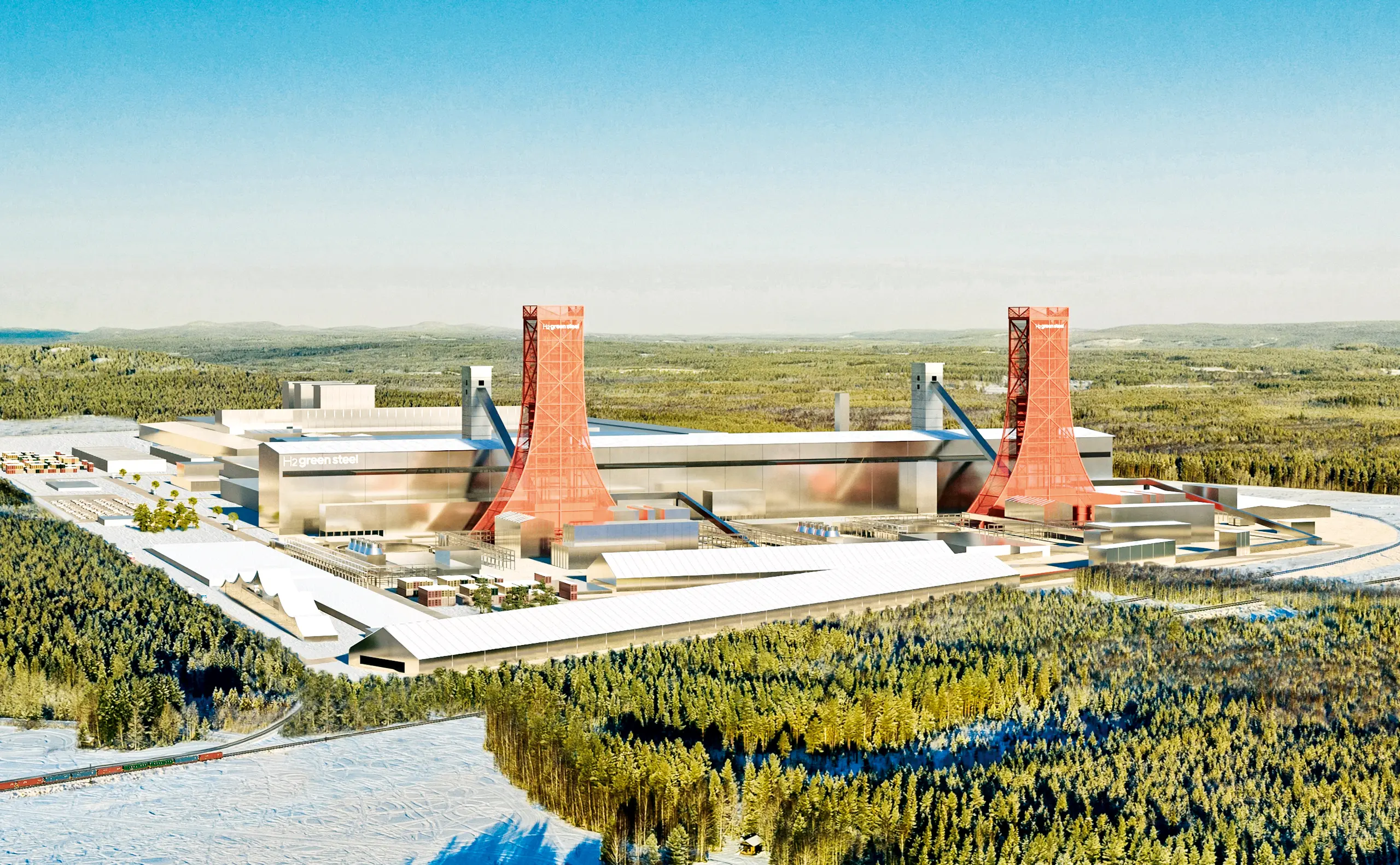 Grünstahl.&nbsp;Bis 2030 soll das H2GS-Werk in Nordschweden, das so aussehen soll wie auf diesem Bild, fünf Millionen Tonnen stark CO2-reduzierten Stahl herstellen.